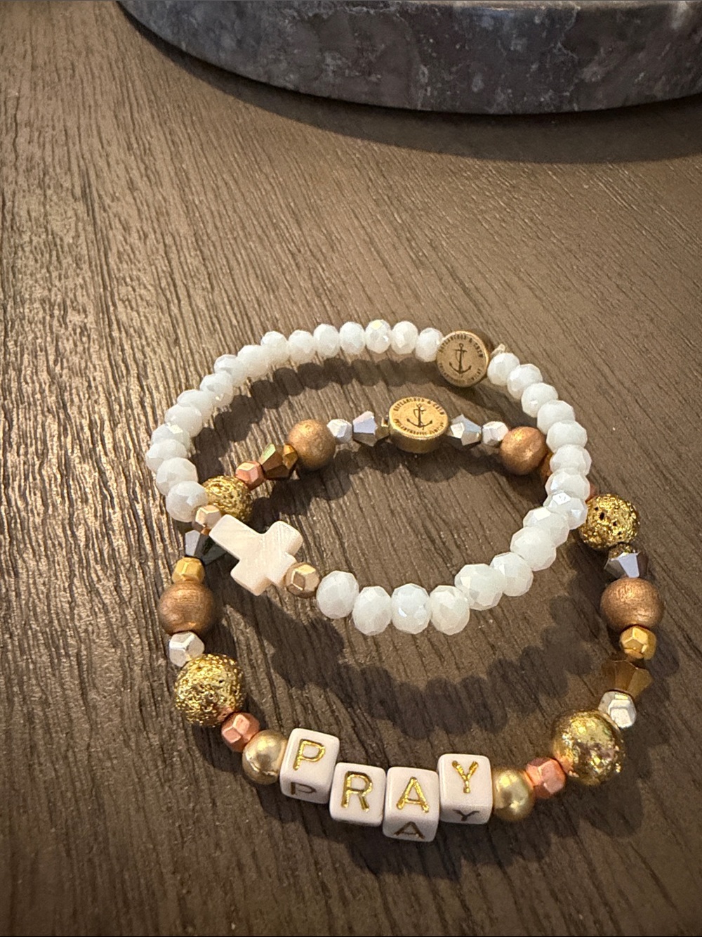 Stacked White Bead & Gold Accent 'PRAY' Stretch Bracelets